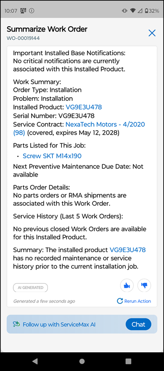 AI Action Response in Go App for Summarizing Work Order