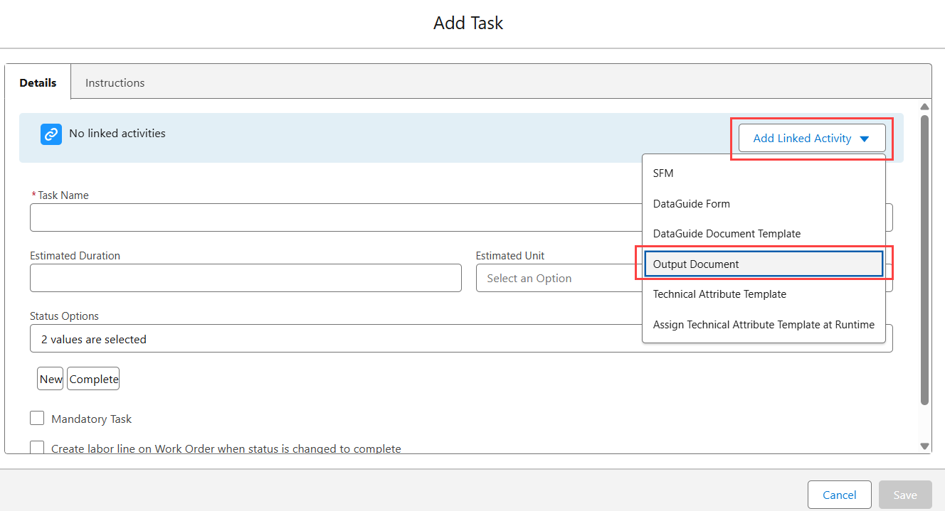 Output Document Linked Activity