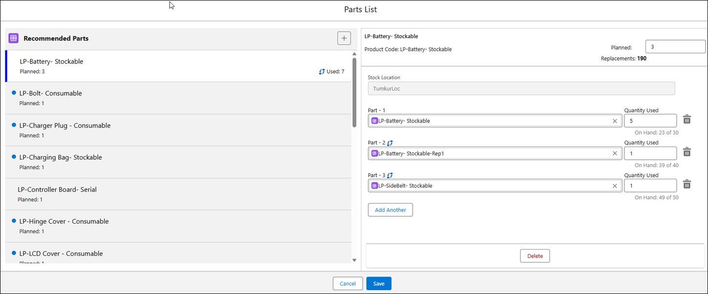 Replacement Parts Added to the Part Detail Screen