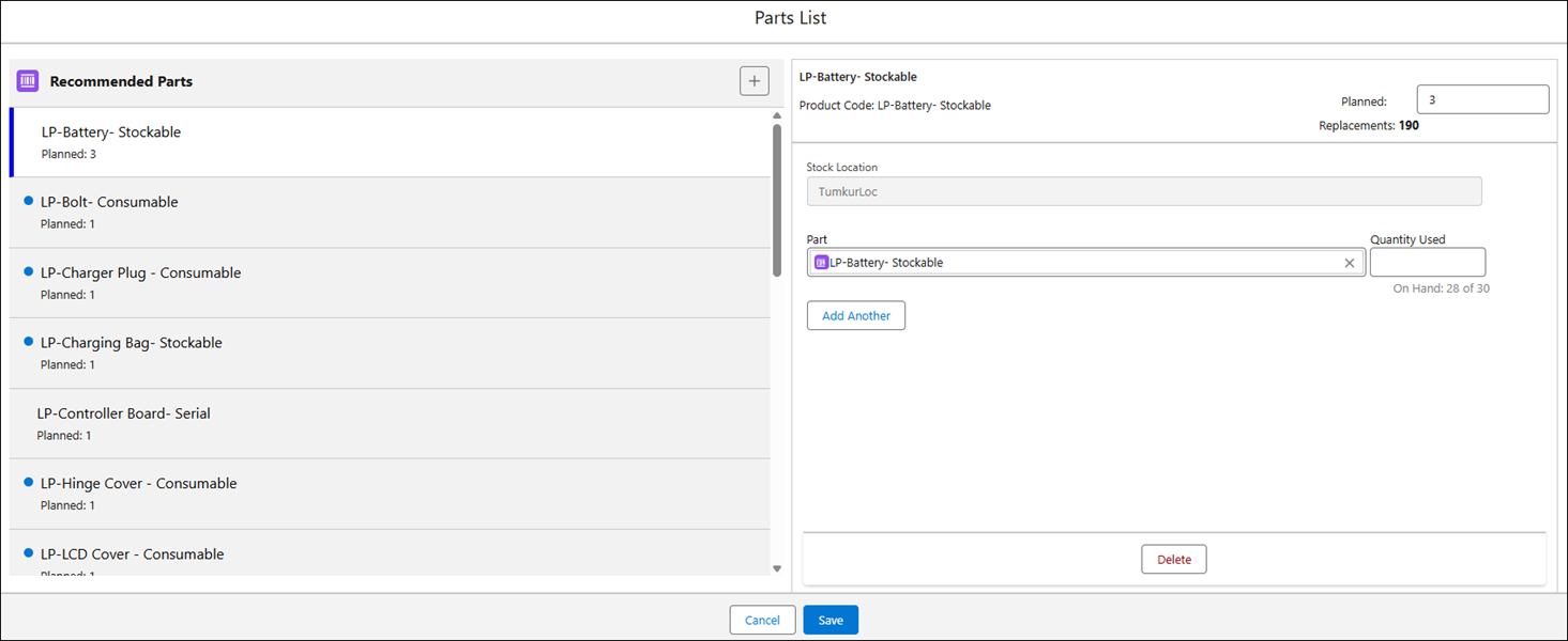Parts Consumption for Non-Serialized Parts