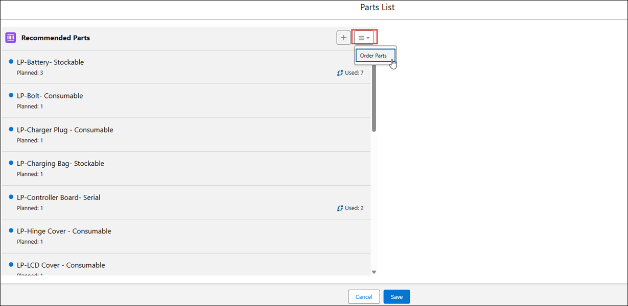 Order Parts Option