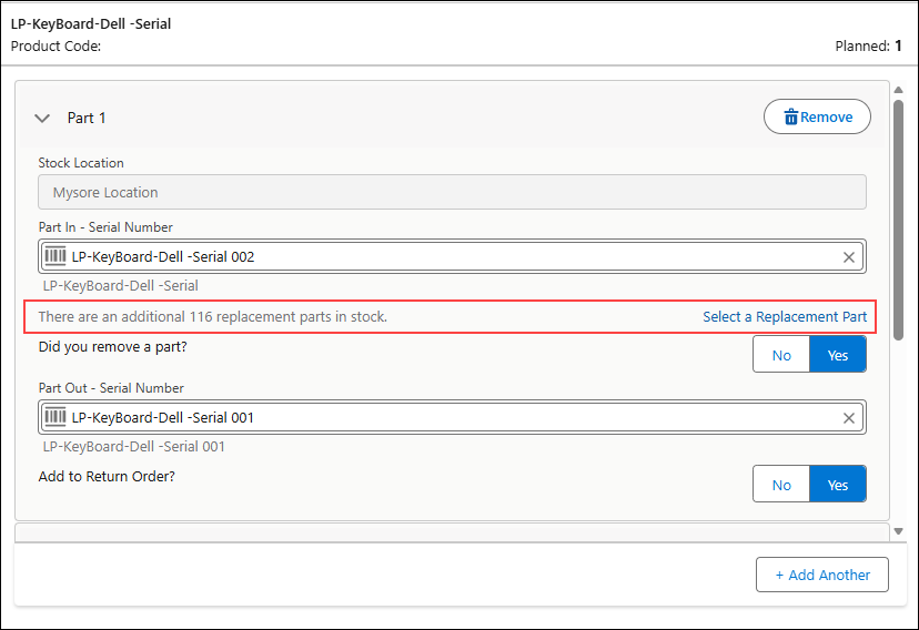 Parts card when Replacement Parts is enabled