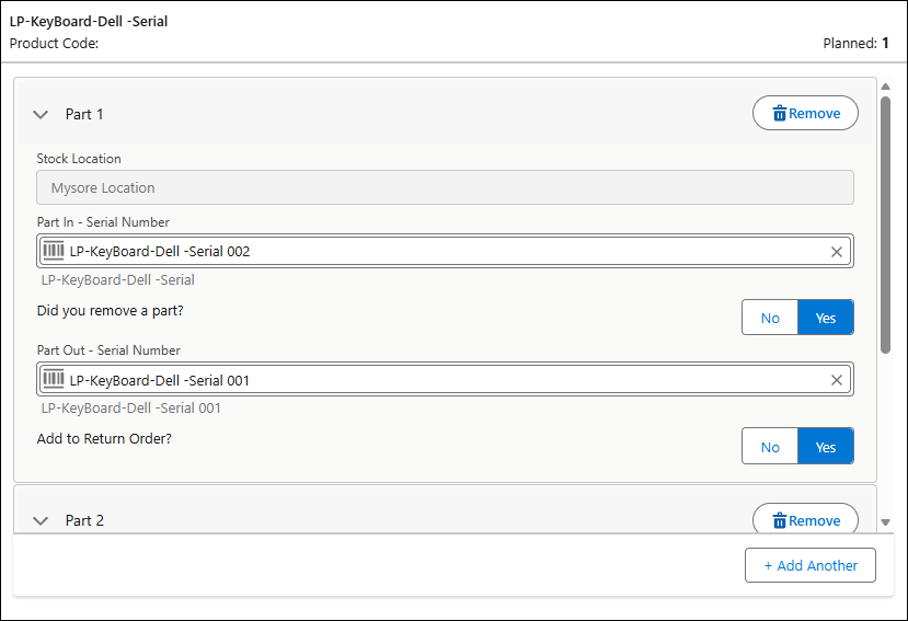 Parts card when Replacement Parts is not enabled