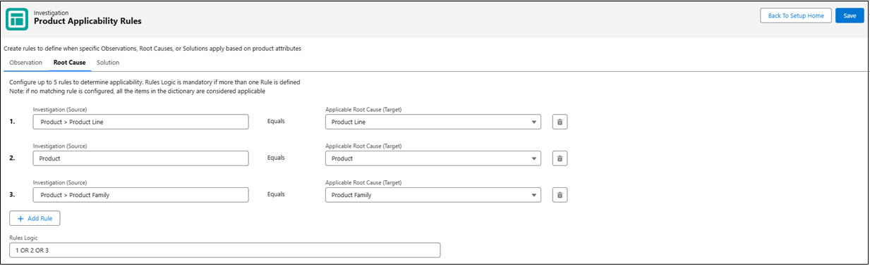 Root Cause Product Applicability Rule
