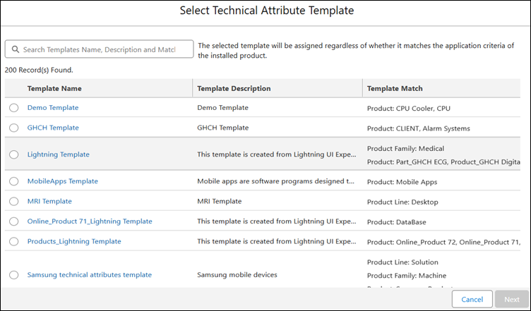 Select Technical Attribute Template
