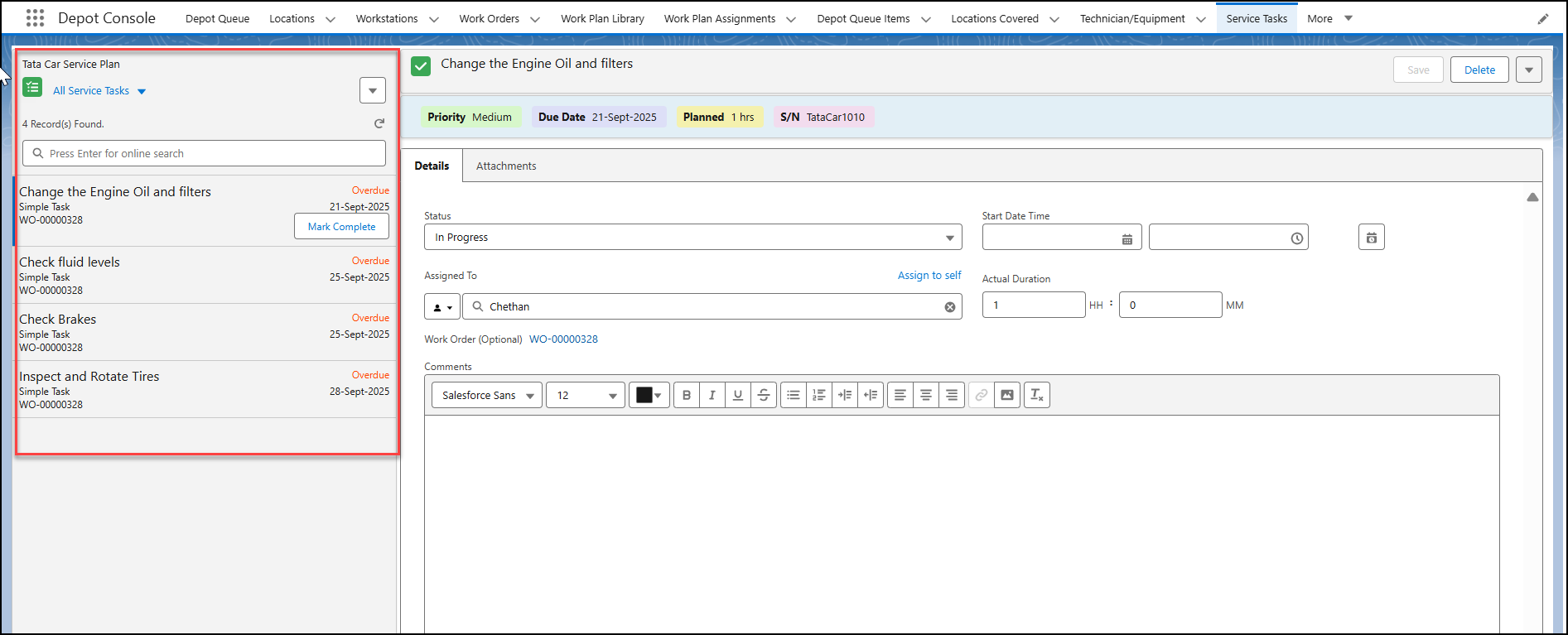 View Task List Page on Service Tasks Tab
