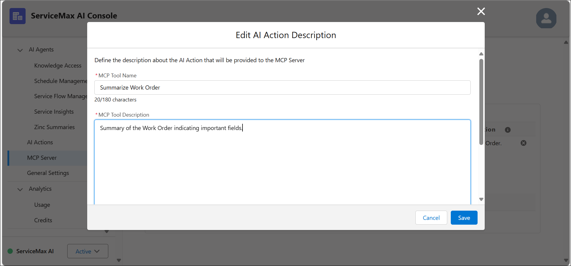 Edit AI Action Description Window