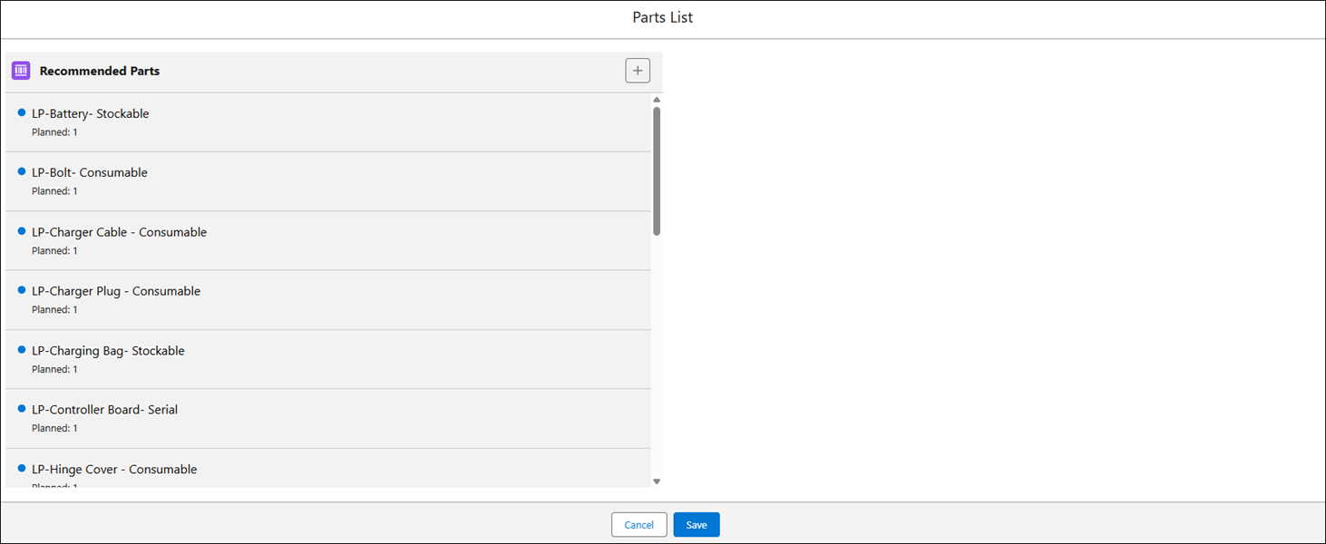Parts List for a Work Plan