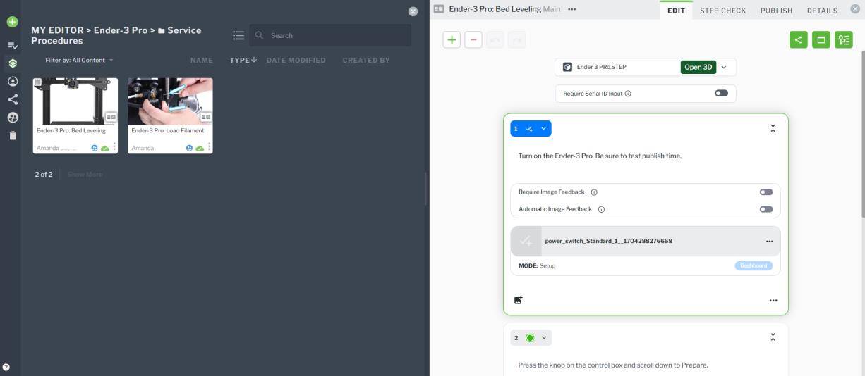 Assets library and procedure editor panes